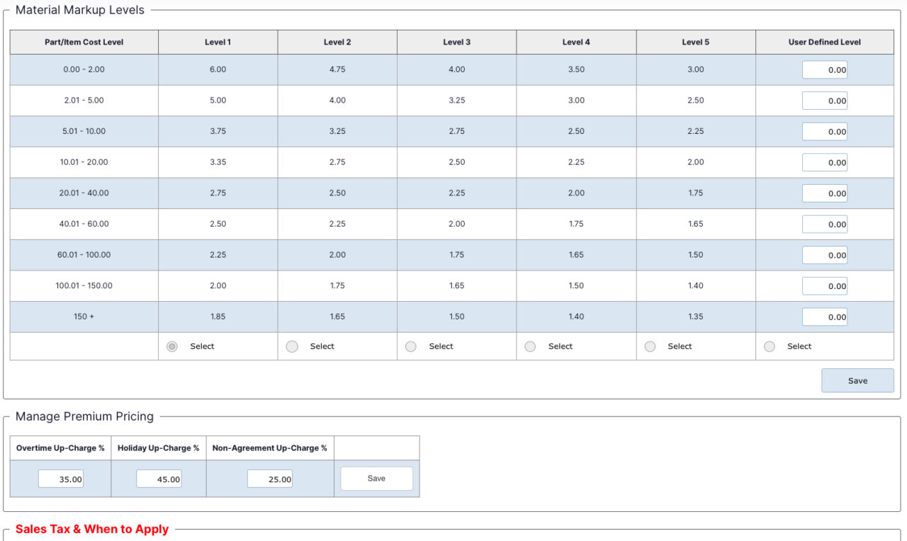 MarginPad™ Pricing Tools - Material Markup Levels and Sales Tax Settings