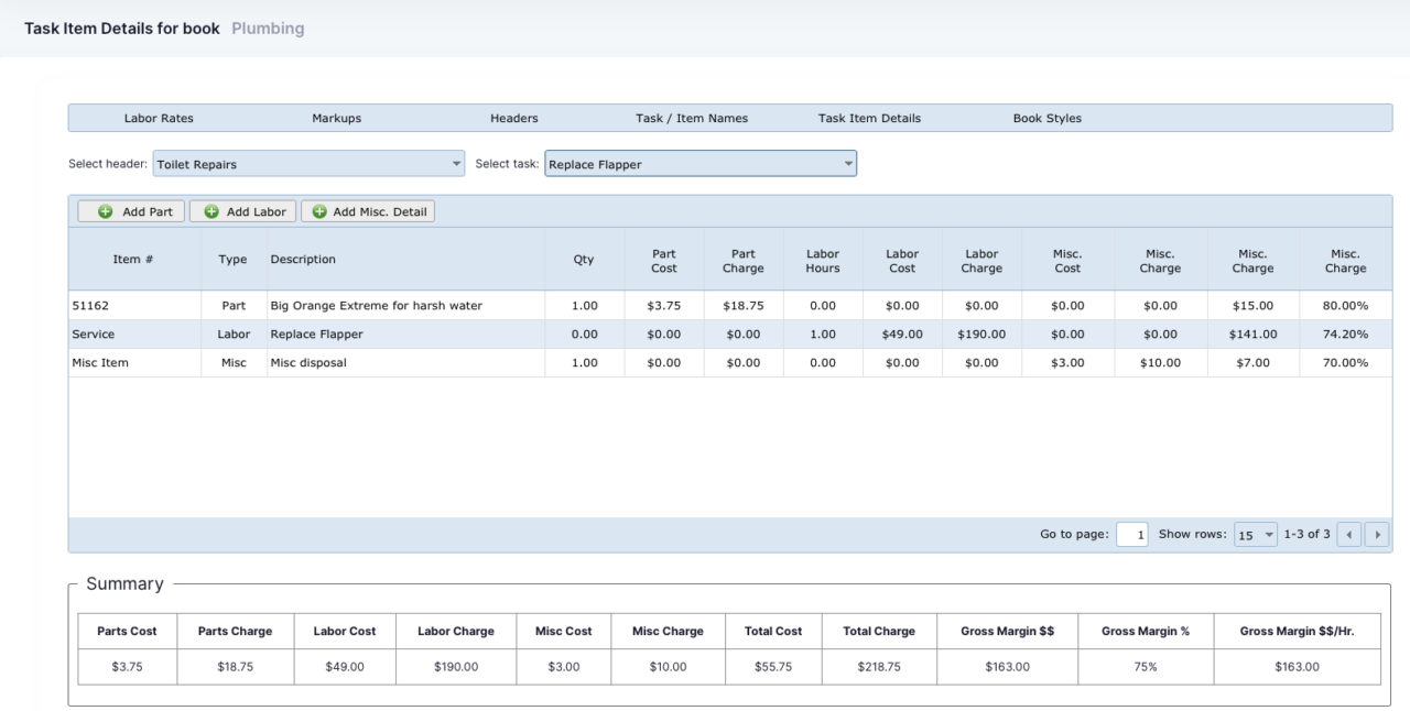 MarginPad™ Pricing Tools - Task Item Details