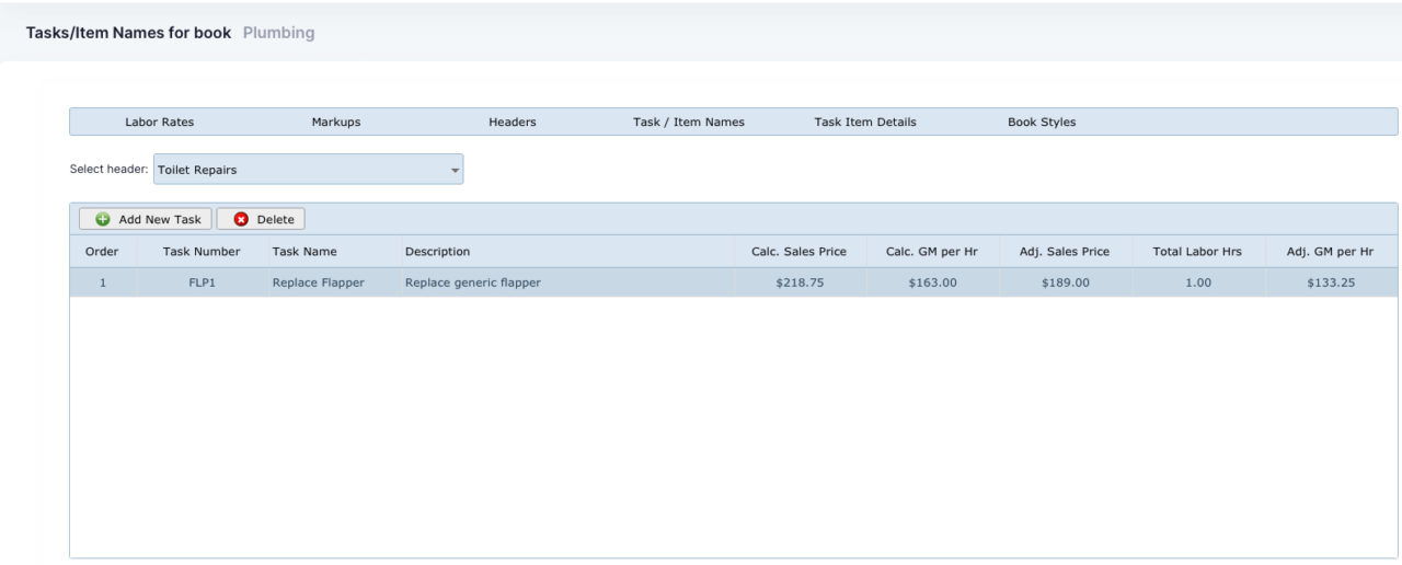 MarginPad™ Pricing Tools - Task Item Names